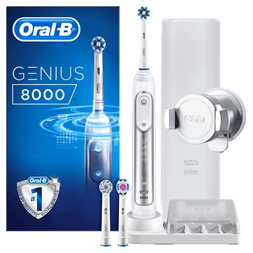 Oral-B Cepillo de dientes eléctrico Genius 8000 CrossAction,1 mango plateado conectado a la aplicación,5 modos,3 cabezales,estuche de viaje estándar,enchufe británico [Paquete de un solo asa] [negro]