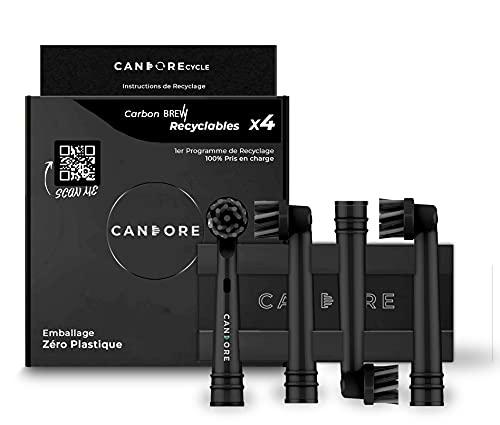 Candore - Cabezales Brew One Negro Carbon Infused | Lot de 4 | Programa de Reciclaje | Acción de Cepillado Cruzado | Compatible con Oral b tu Cepillo de Dientes Eléctrico | Envases sin plástico