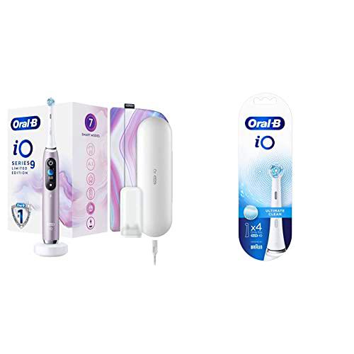 Oral-B iO9 Cepillo de Dientes Eléctrico con Mango Recargable,Cargador,Funda Magnética y Estuche de Viaje,Rosa+Ultimate Clean Recambios Cepillo de Dientes Eléctrico,Pack de 4 Cabezales,Blanco