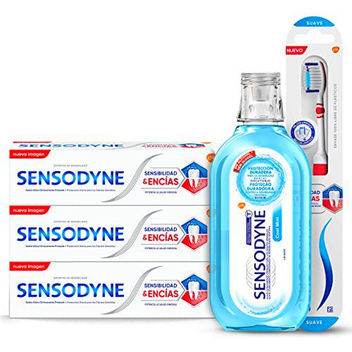 Sensodyne, Pack De 3 Pasta De Dientes Con Un Cepillo De Dientes Suave Sensibilidad &amp; Encías Y Un Enjuague Bucal