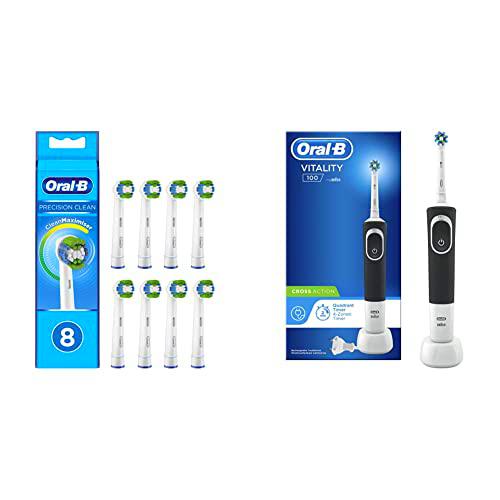 Oral-B Braun Precision Clean - Cabezales Para Cepillo De Dientes Eléctrico Con Cerdas Cleanmaximiser (8 Unidades) &amp; Vitality 100 Cepillo de Dientes Eléctrico con Mango Recargable,Negro