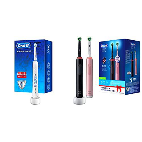 Oral-B Junior Smart Cepillo De Dientes Eléctrico, 1 Mango Blanco Recargable Con Tecnología De Braun &amp; PRO 3 Cepillos de Dientes Eléctricos (Pack de 2) con Mangos Recargables