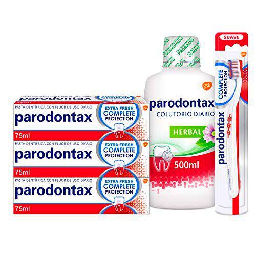 Parodontax, Pack de 3 Pastas de Dientes con 1 Cepillo de Dientes Suave y 1 Colutorio Diario Herbal