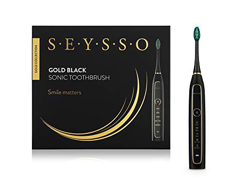 SEYSSO Gold Collection Sonic Cepillo de dientes 5 modos 96 000 pulsaciones por minuto compacto de carga; 3 cabezales de repuesto; 2 años de garantía; hasta 10 semanas en una carga, NEGRO