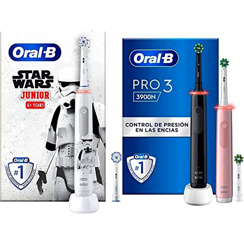 Oral-B Junior Cepillo de Dientes Eléctrico con Mango Recargable de Star Wars &amp; Pro 3 3900N Cepillos de Dientes Eléctricos (Pack de 2- Negro y Rosa