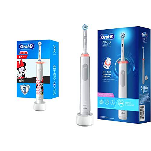 Oral-B Junior Cepillo De Dientes Eléctrico, 1 Mango Recargable De Minnie Con Tecnología De Braun &amp; PRO 3 3000 Sensitive Clean cepillo de dientes eléctrico