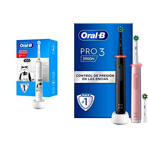 Oral-B Junior Cepillo De Dientes Eléctrico, 1 Mango Recargable De Star Wars &amp; Pro 3 3900N Cepillos de Dientes Eléctricos (Pack de 2) con Mangos Recargables- Negro y Rosa