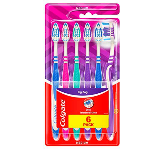 Colgate ZigZag, Cepillo de Dientes Medio, Limpieza Profunda, Pack 6 Uds