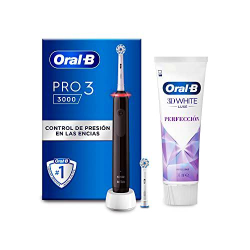 Cepillo de Dientes Eléctrico Pro 3 3000 Black con 2 cabezales + Oral-B 3D White Luxe Perfección Blanqueamiento Avanzado Pasta Dentífrica, 75ml