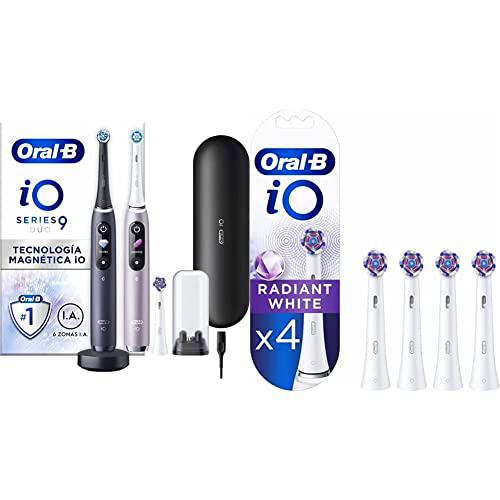 Oral-B iO9 Cepillos de Dientes Eléctrico (Pack de 2) con Mangos Recargables Rosa y Negro &amp; iO Radiant White Recambios para Cepillo de Dientes Eléctrico