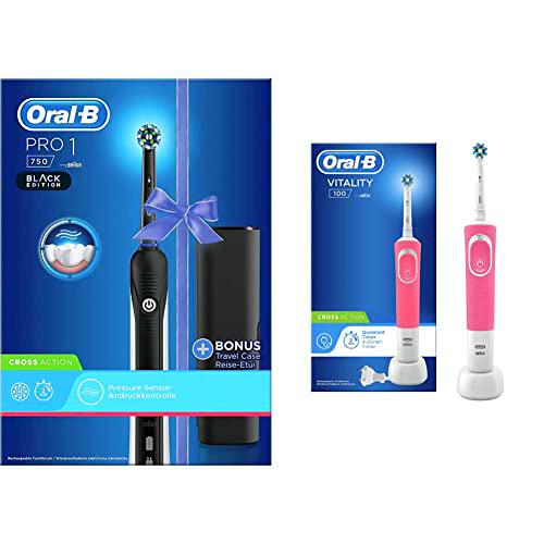 Oral-B PRO 750 CrossAction Cepillo de Dientes Eléctrico con Mango Recargable Negro &amp; Vitality 100 Cepillo de Dientes Eléctrico con Mango Recargabl