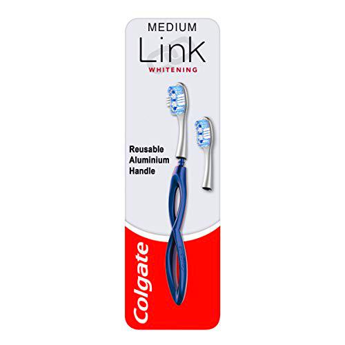 Colgate Link - Kit de iniciación para blanquear cepillo de dientes manual que incluye 1 mango de aluminio premium y 2 cabezales de cepillo de repuesto para blanqueamiento mediano