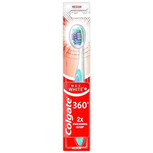 Colgate Max White 360 | Cepillo de Dientes Dureza Media | Blanquea los Dientes | Elimina Manchas | Limpia Zonas de Difícil Acceso | Limpiador de Lengua y Mejillas | Elimina el Mal Aliento | 1 Ud