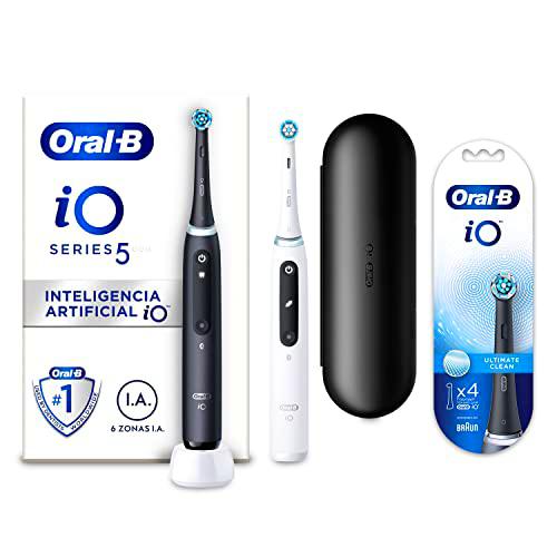 Oral-B iO5 Cepillos de Dientes Eléctricos (Pack de 2) Blanco y Negro con 2 Mangos Recargables