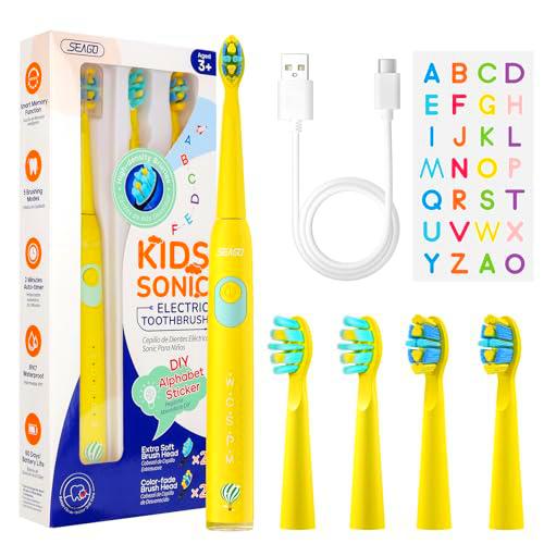 Seago Cepillo Electrico Infantil, Cepillo Dientes Electrico Niños Recargable con Divertidas Pegatinas DIY