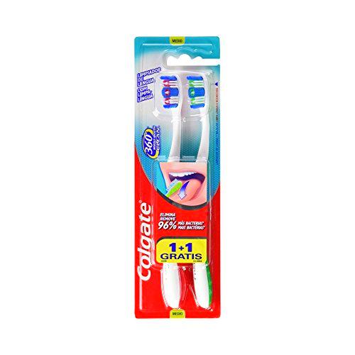 Colgate 360° - Cepillo de Dientes Medio con Limpiador de Lengua- Pack de 2